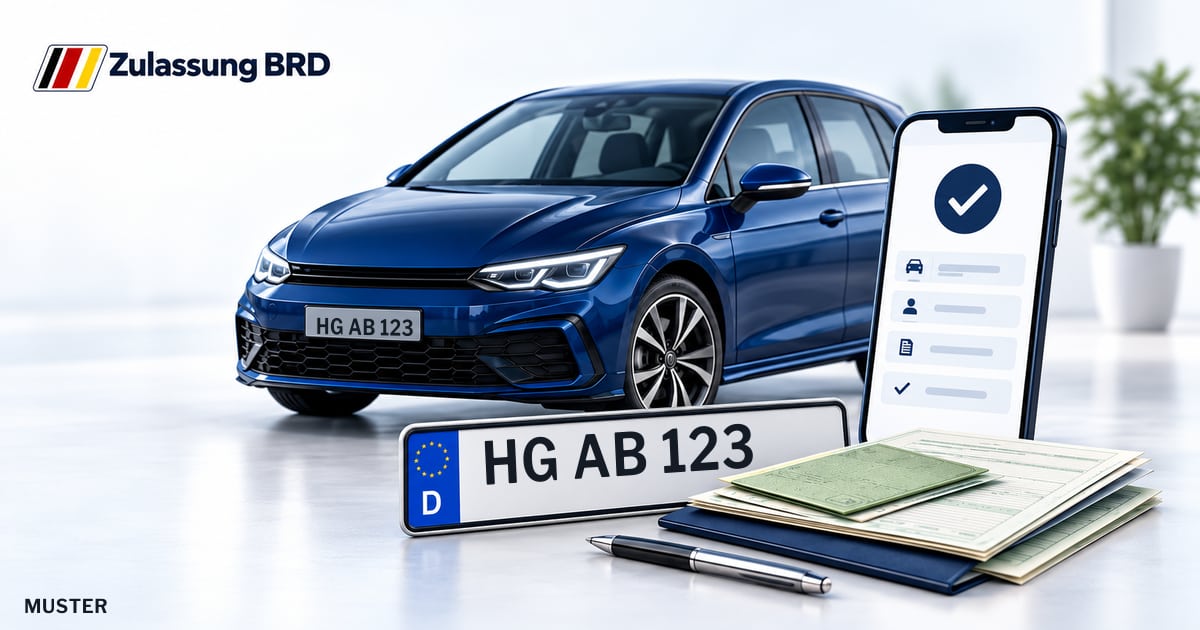 Online Fahrzeugzulassung in Grävenwiesbach: Musterkennzeichen HG AB 123, Auto und Fahrzeugpapiere und Smartphone. Illustration mit Logo von Zulassung BRD.